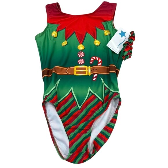 Destira Other - Destira Adult XS Gymnastics Leotard Perfect Tank Gym Elf Green Red With Scrunchi